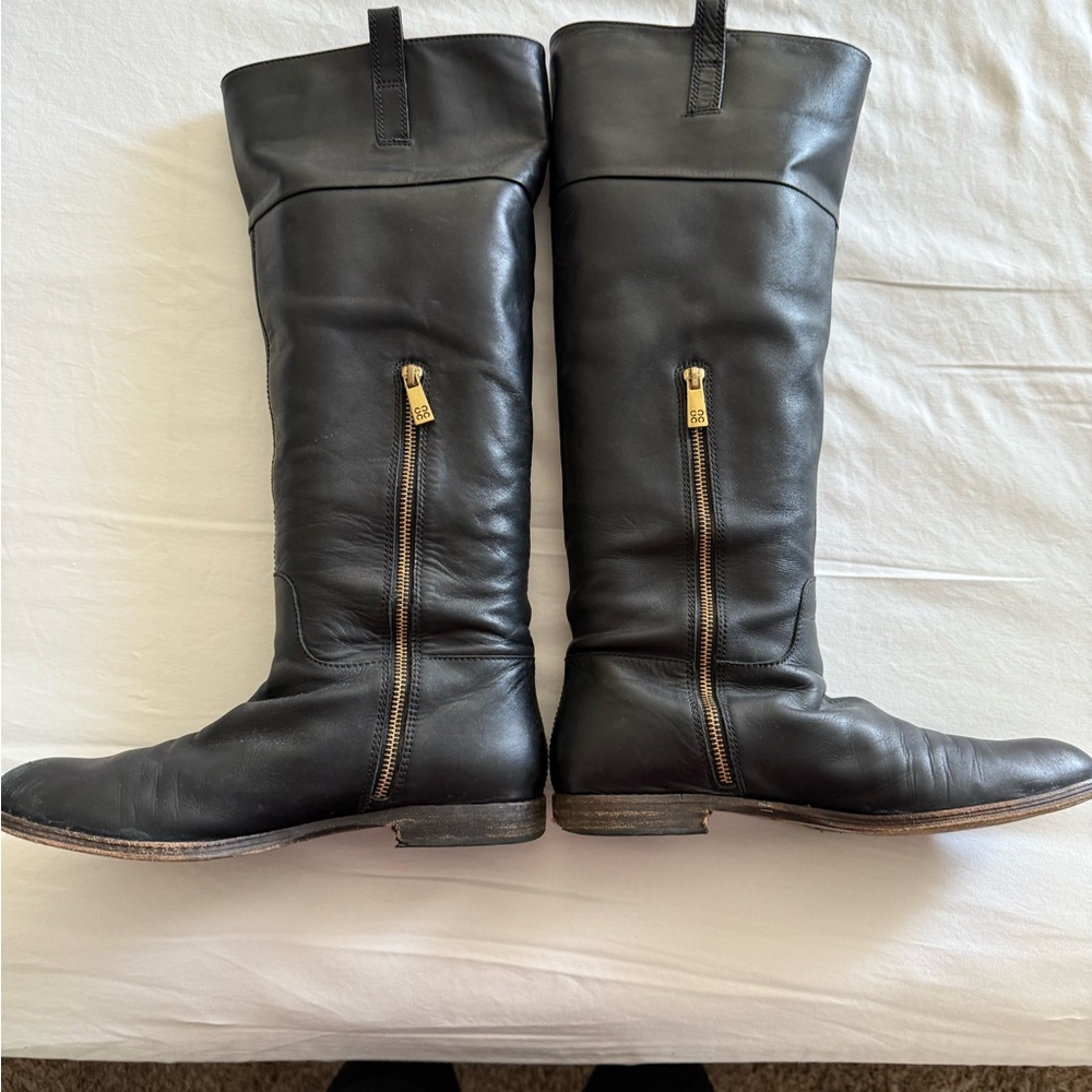 Coach Black Leather Knee-High Boots with Gold Zippers